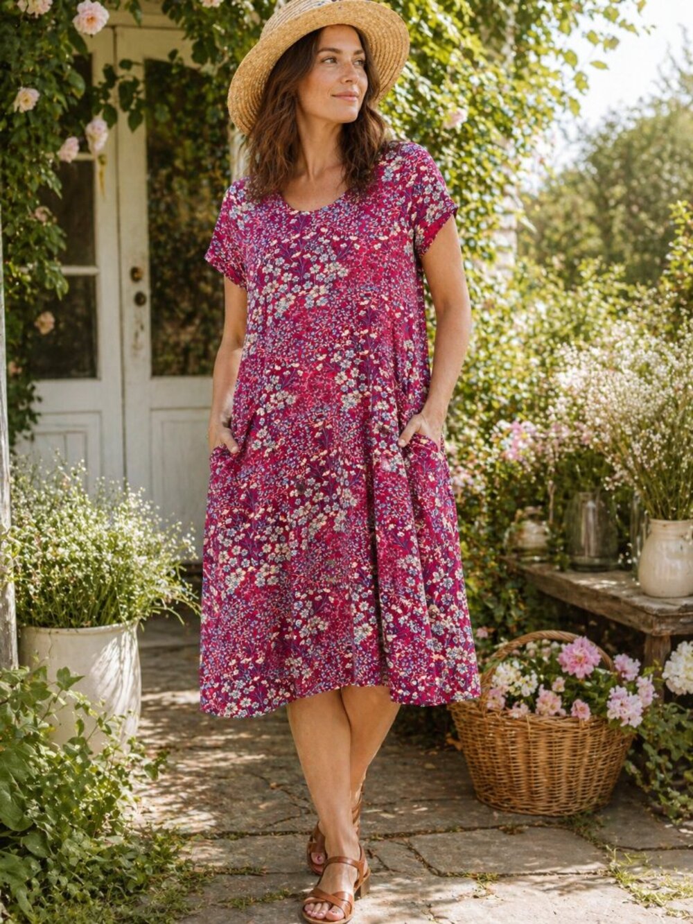 J.Jill Red Floral Shift Dress Short Sleeve Stretch Pocket M Cottagecore Romantic